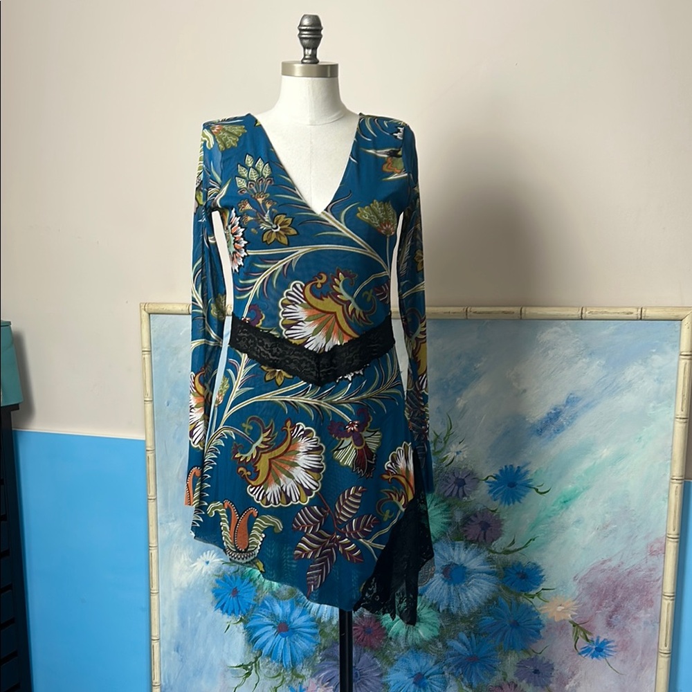 Petit Pois by Viviana G Virtual Chlorophyll Asymmetric Tunic Blue Floral Dress M